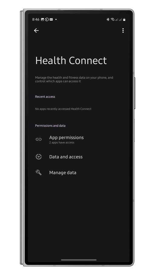 Health Connect app interface showing permissions and data access options.