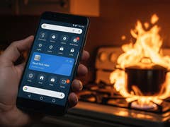Google Home smart home app with a fiery cooking pot in the background