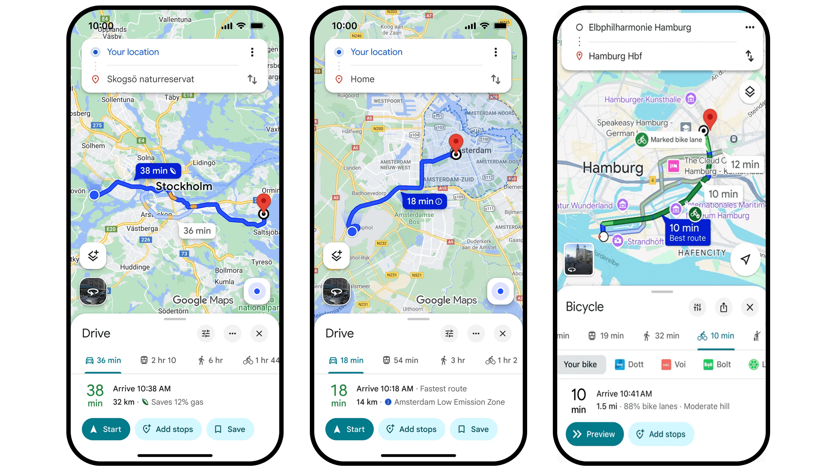 Three smartphones displaying Google Maps with routes from Stockholm and Amsterdam to Hamburg.