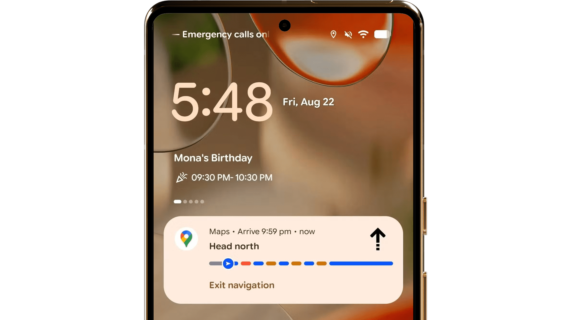 Google Pixel 8 Pro showing the time 5:48, Mona's Birthday, and navigation instructions to head north.