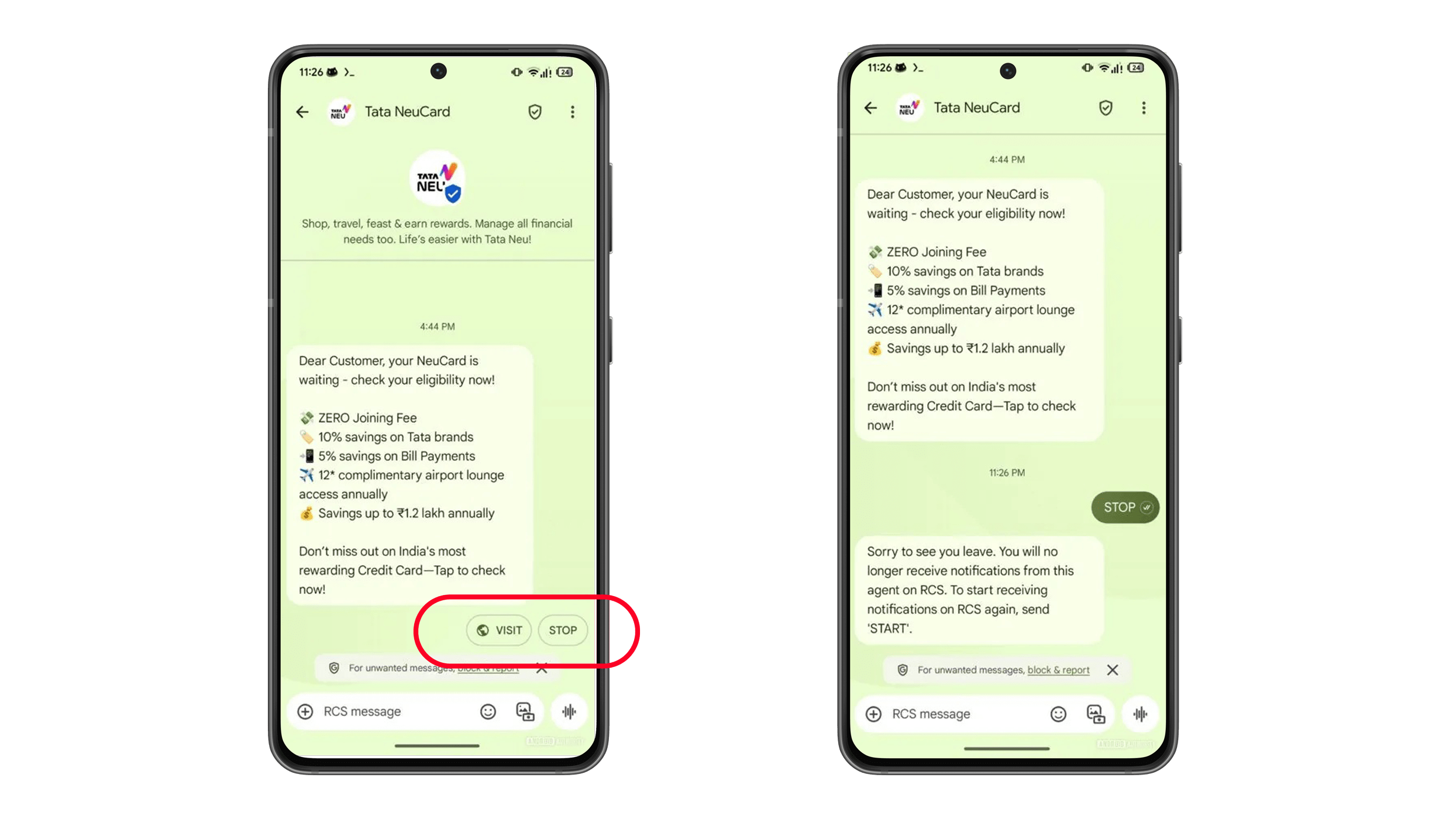Two smartphones displaying Tata NeuCard messages with options to visit or stop notifications.