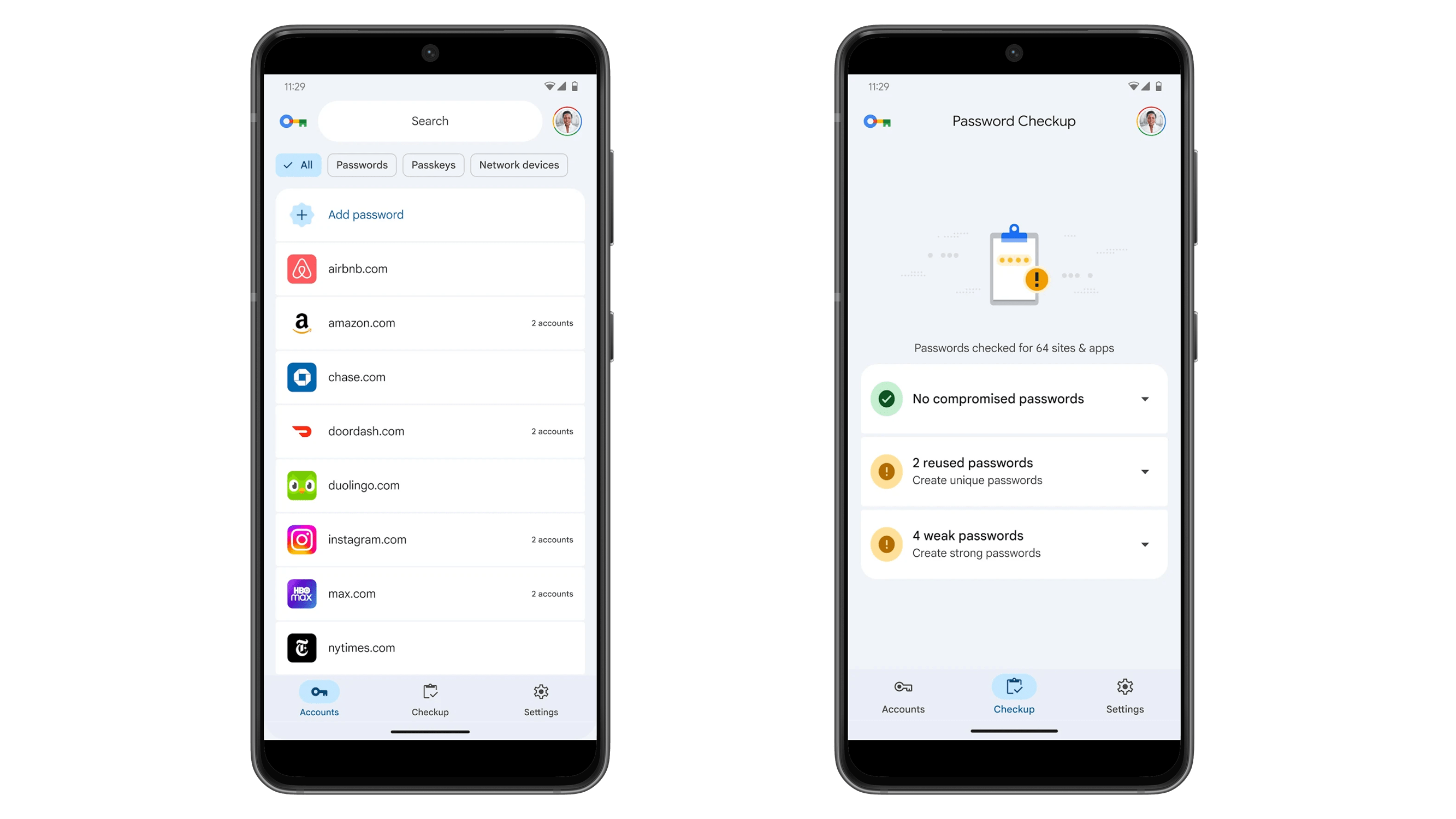 Two smartphones displaying a password management interface with accounts and password checkup features.