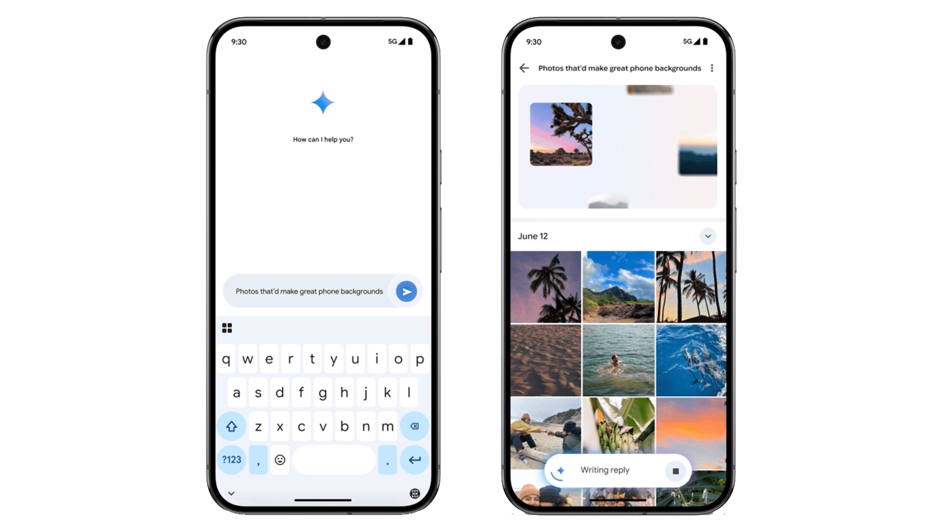 Screenshot of a smartphone displaying Google Photos interface with a search bar and image thumbnails.