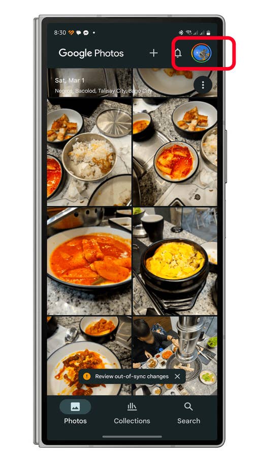Screenshot of Google Photos app showcasing food images and location details.