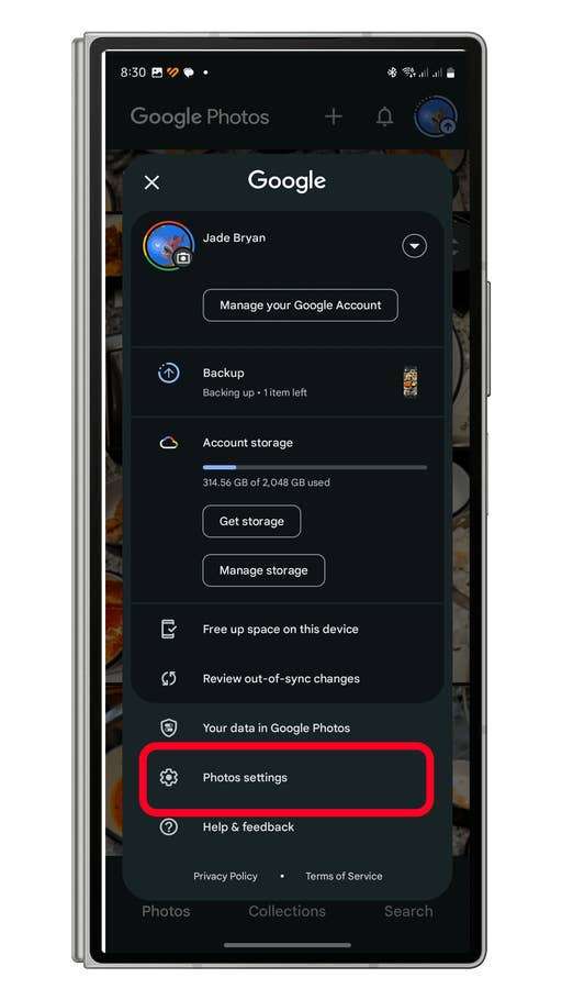Google Photos app interface showing account storage and settings options.