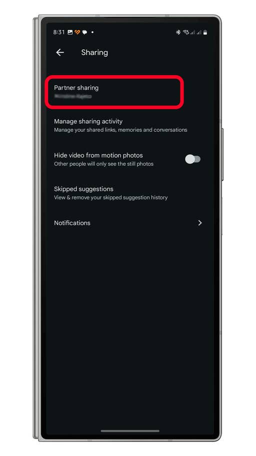 Google Photos app screen showing Partner sharing option and related settings.