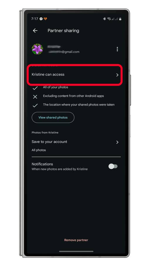 Google Photos partner sharing settings showing access for Kristine.