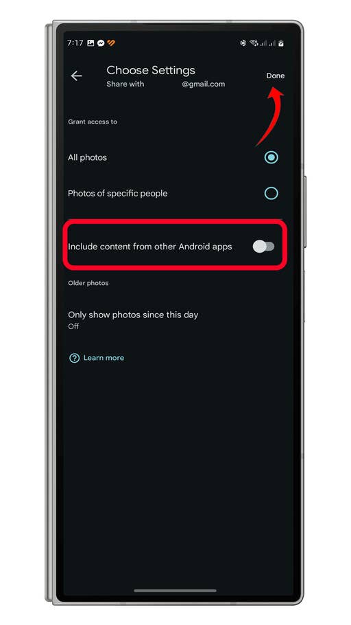 Settings screen for sharing Google Photos with options for granting access.