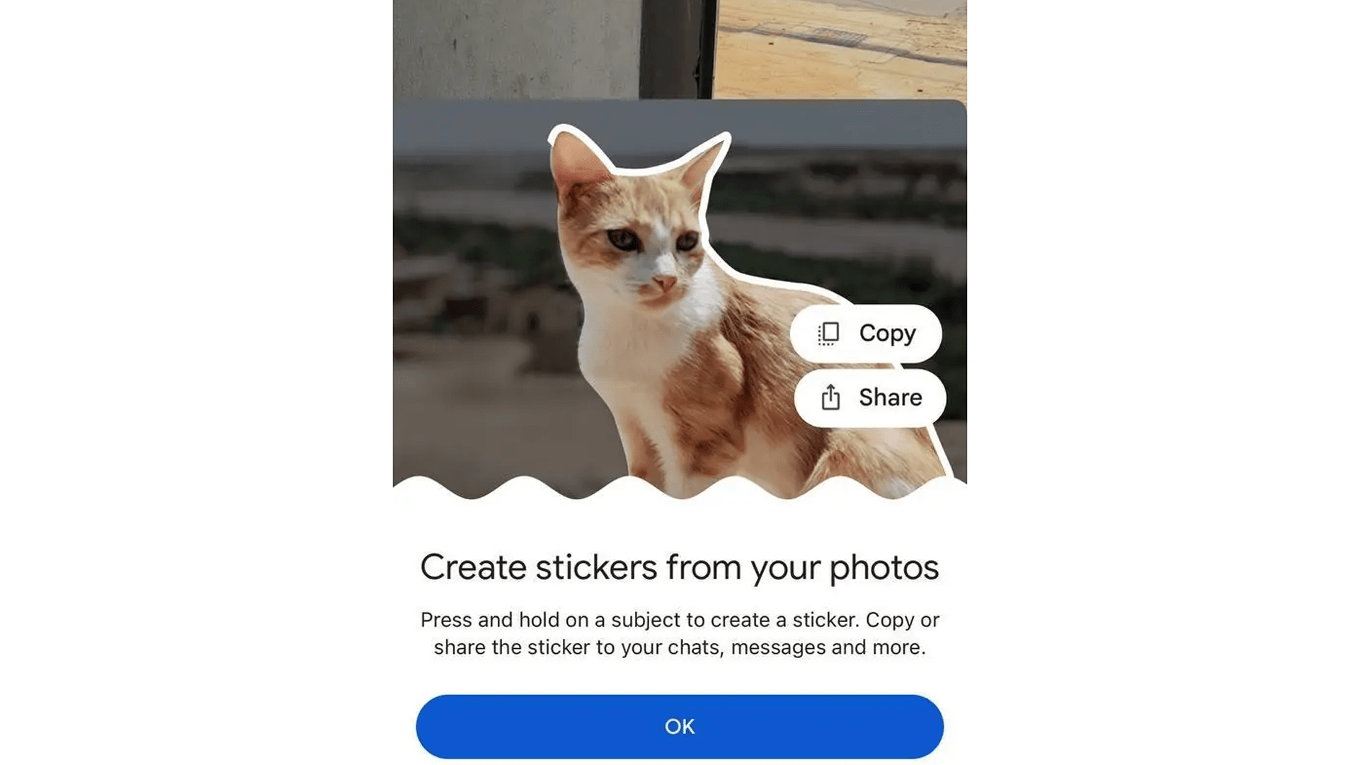 Interface showing a cat sticker creation option in Google Photos.