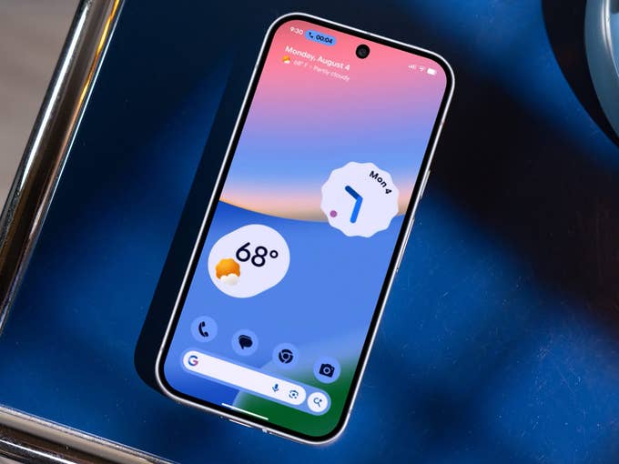 A Google Pixel 10 smartphone displaying a weather app with a temperature of 68°F.