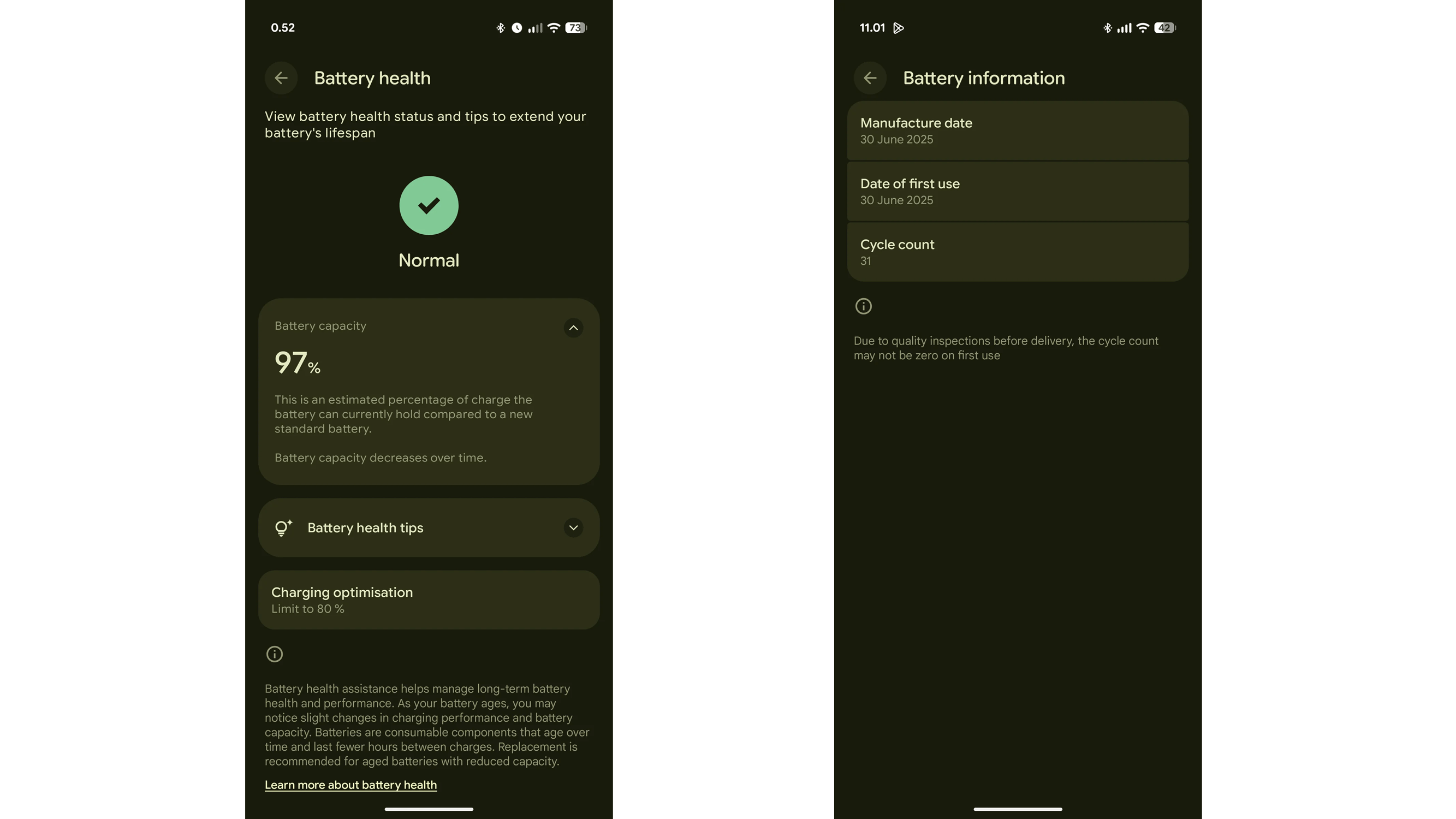 Battery health status and information on a Google Pixel 10 Pro XL, showing capacity, tips, and cycle count.