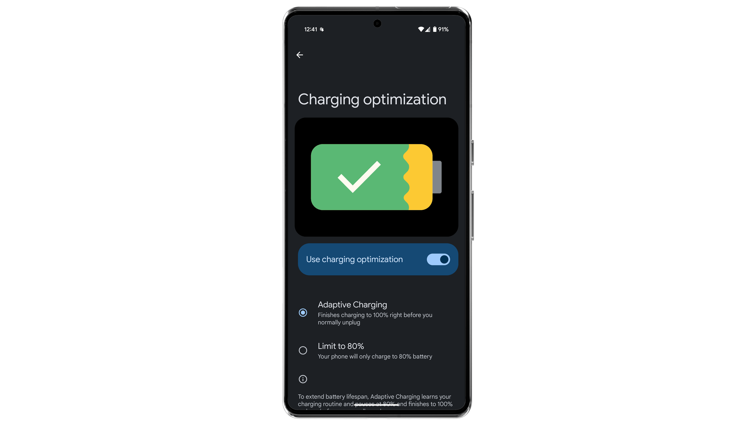 Google Pixel screen showing charging optimization settings and options. Google Pixel screen showing charging optimization settings and options.