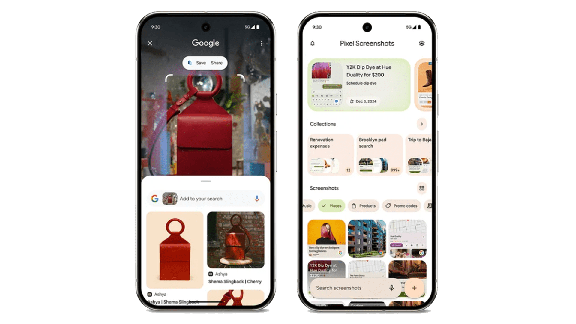 Two smartphones displaying Google search and Pixel screenshots features. Two smartphones displaying Google search and Pixel screenshots features.