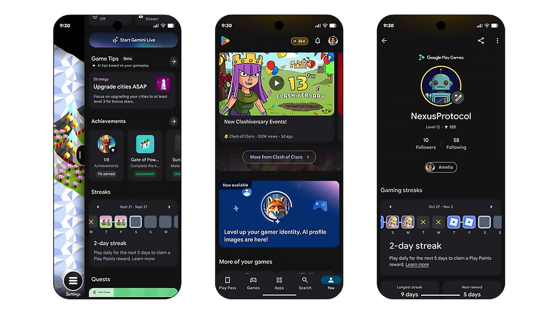 Screenshots of Google Play Games app showing game tips and user profile.