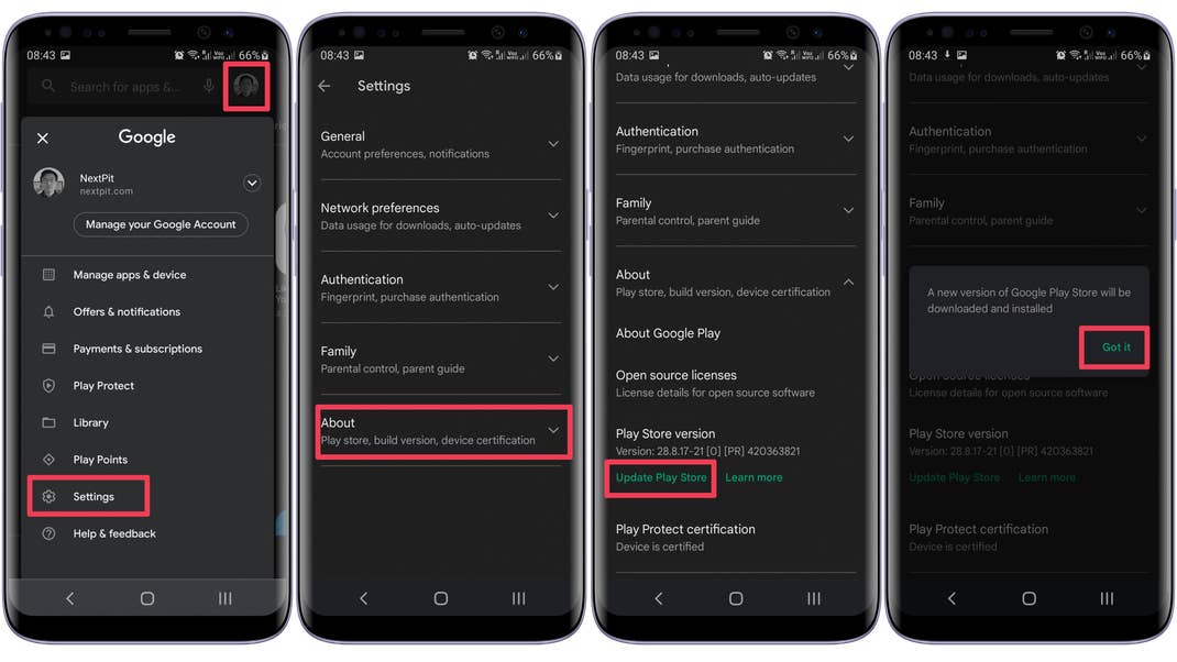 Screenshots showing how to update the Google Play Store on the app itself