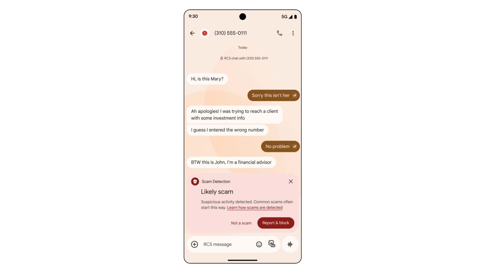Chat interface showing a conversation about a wrong number with scam detection alert. Chat interface showing a conversation about a wrong number with scam detection alert.