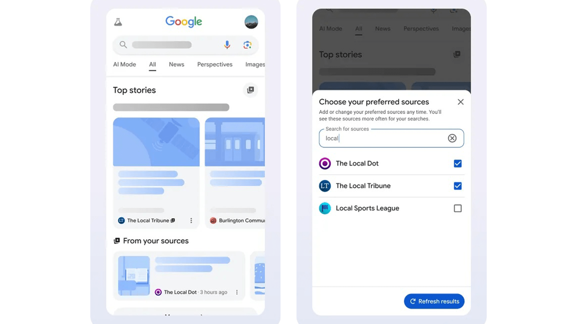 Google search interface showing top stories and preferred sources selection.