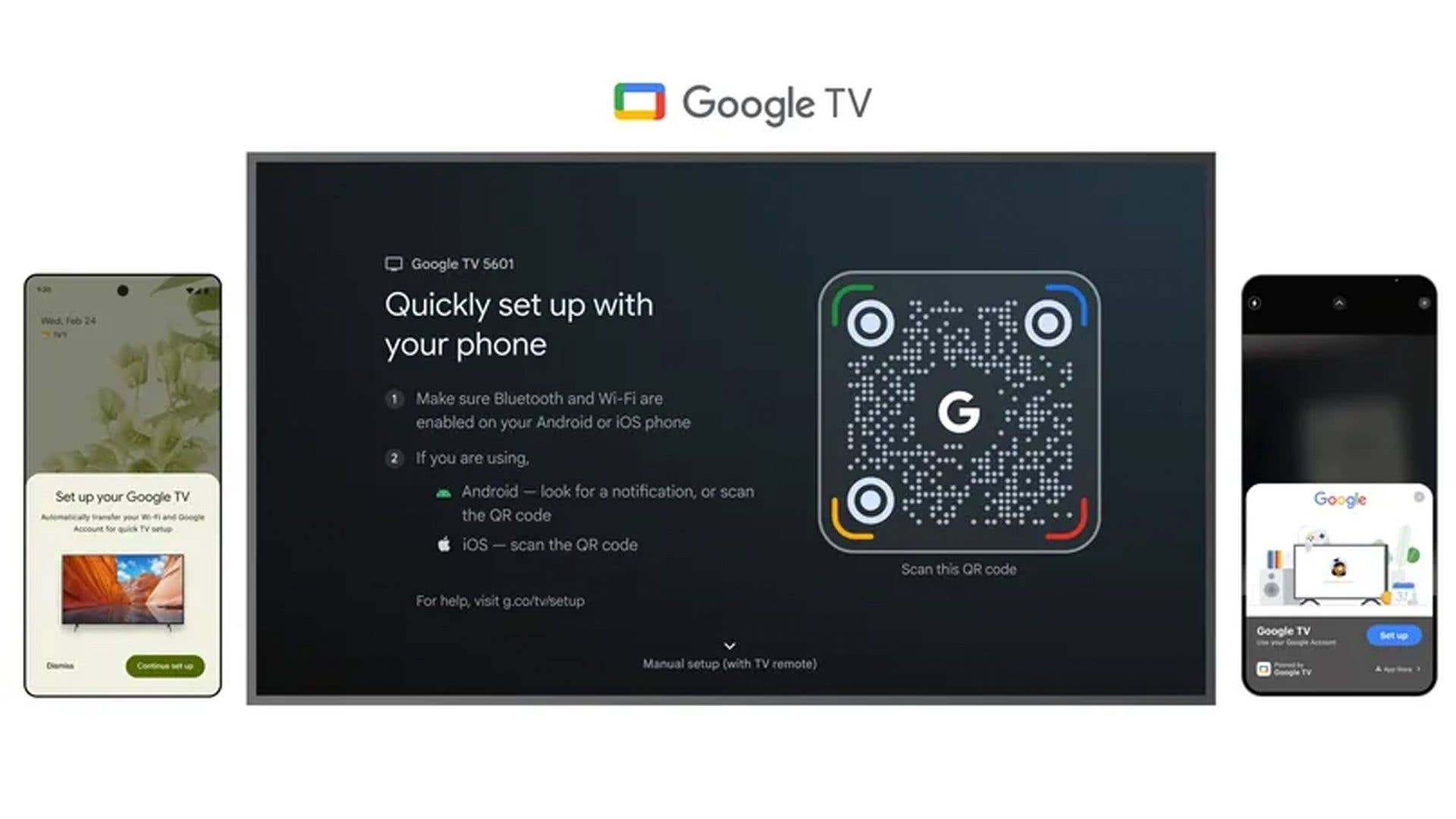Google TV setup screen with QR code and instructions for Android and iOS phones.