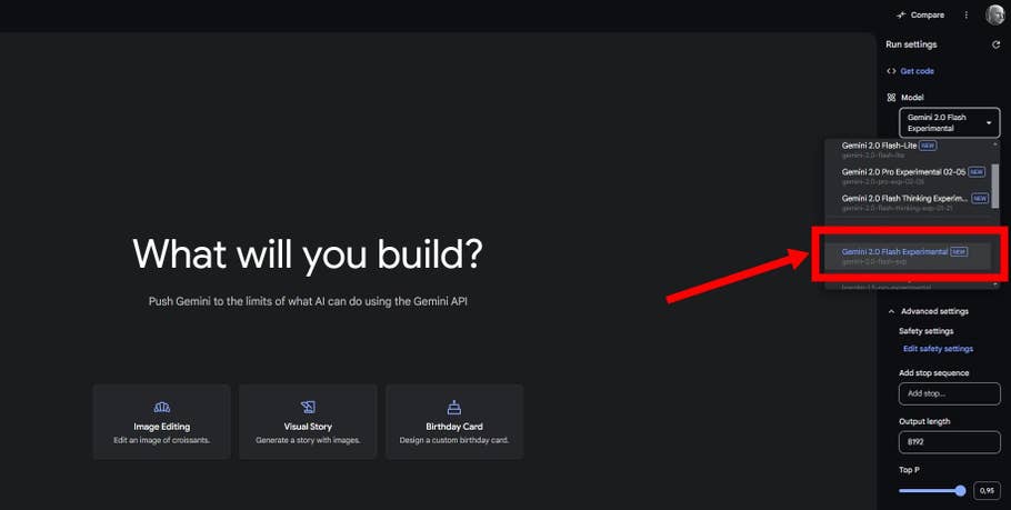 Google AI Studio user interface with the Gemini 2.0 Flash Experimental model option.
