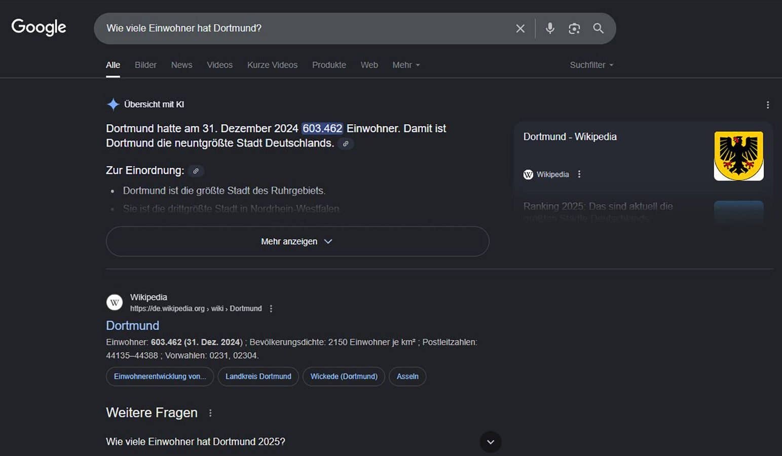 Google search results for Dortmund's population, stating 603,462 inhabitants as of December 31, 2024.