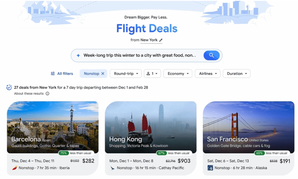 Flight deals from New York with options to Barcelona, Hong Kong, and San Francisco, showing prices and travel details.