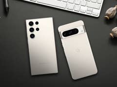 Samsung Galaxy S23 Ultra side by side with the Google Pixe 8 Pro on a table