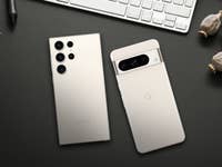 Samsung Galaxy S23 Ultra side by side with the Google Pixe 8 Pro on a table