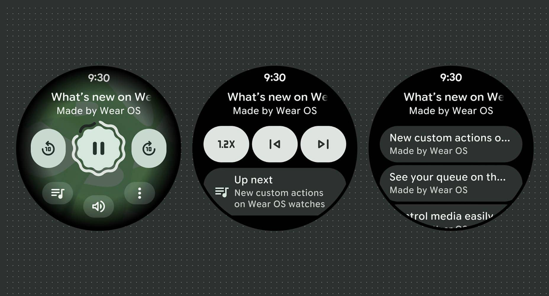 Wear OS interface showing media controls and new features.