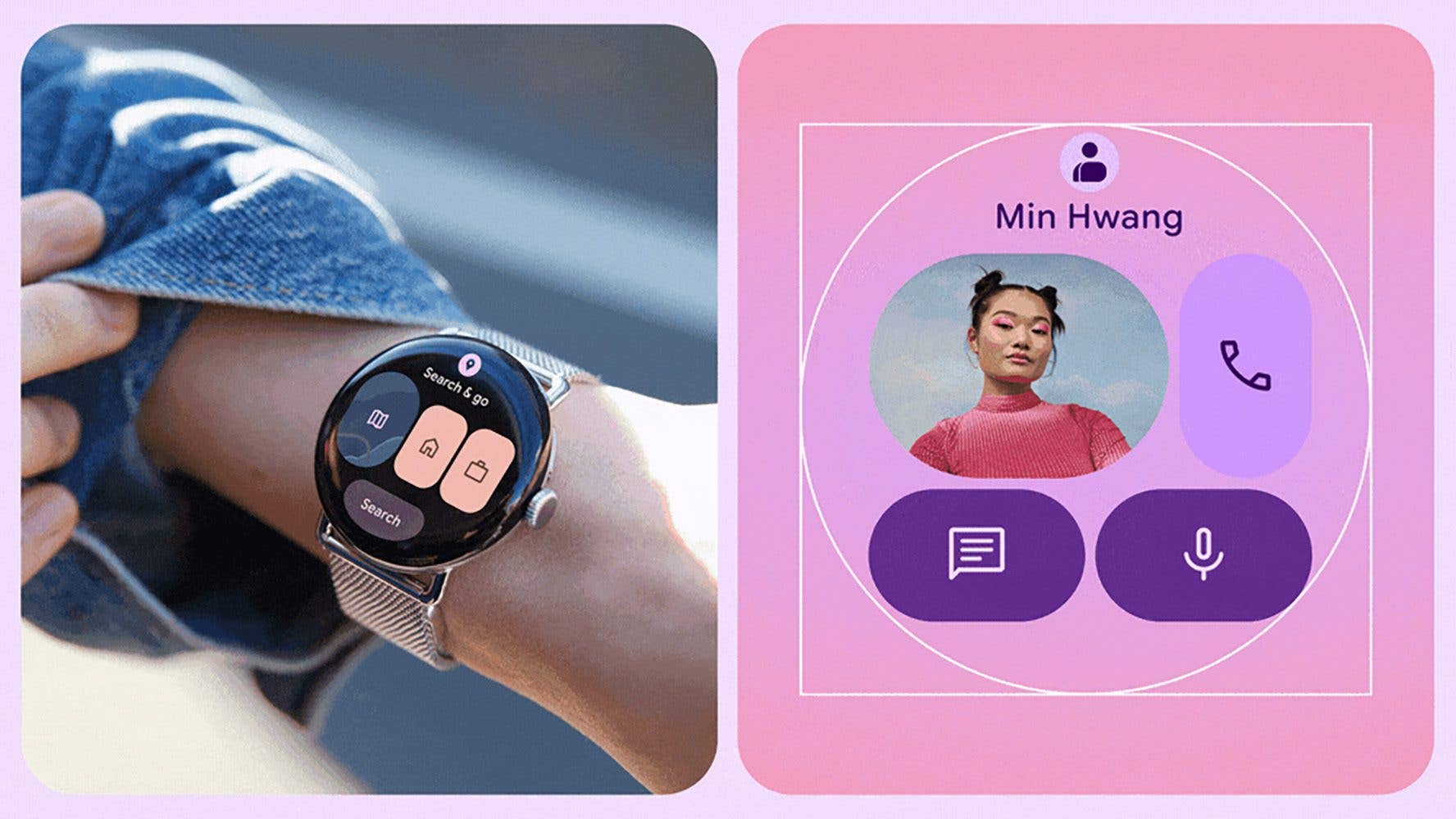 A hand wearing a smartwatch displaying a search interface, alongside a profile picture of Min Hwang.