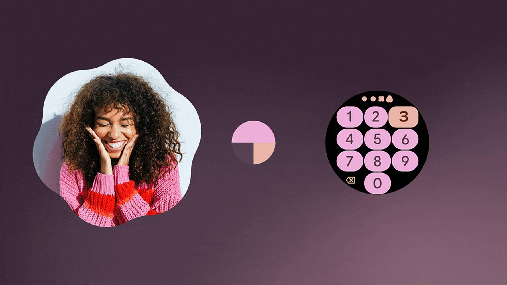Smiling woman with curly hair, pink sweater, and a circular numeric keypad in a colorful design.