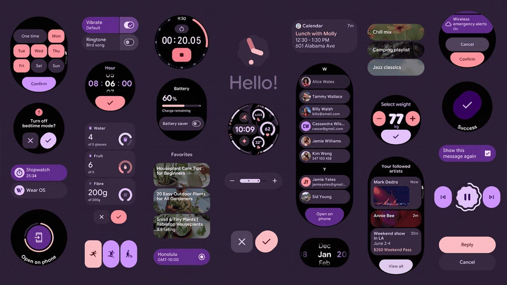 User interface design with various widgets, including calendar, battery status, and fitness tracking.
