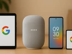 A Google smart home setup featuring a speaker and three devices displaying the Google logo.