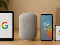Google_np.png A Google smart home setup featuring a speaker and three devices displaying the Google logo.