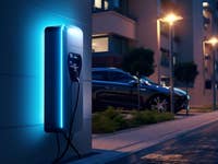 Electric car wall box charger at night