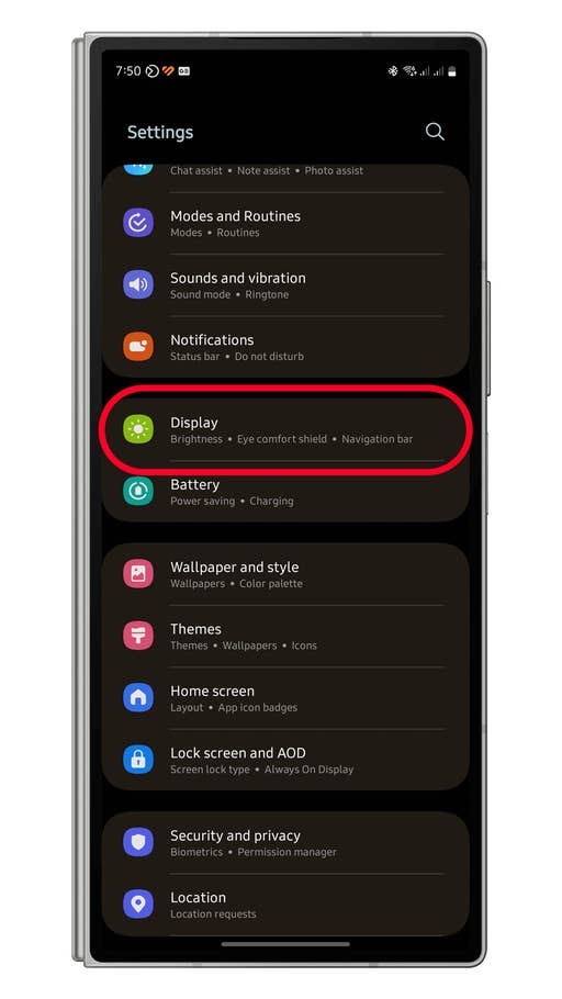 Samsung Settings menu showing options for Display, Battery, and more.