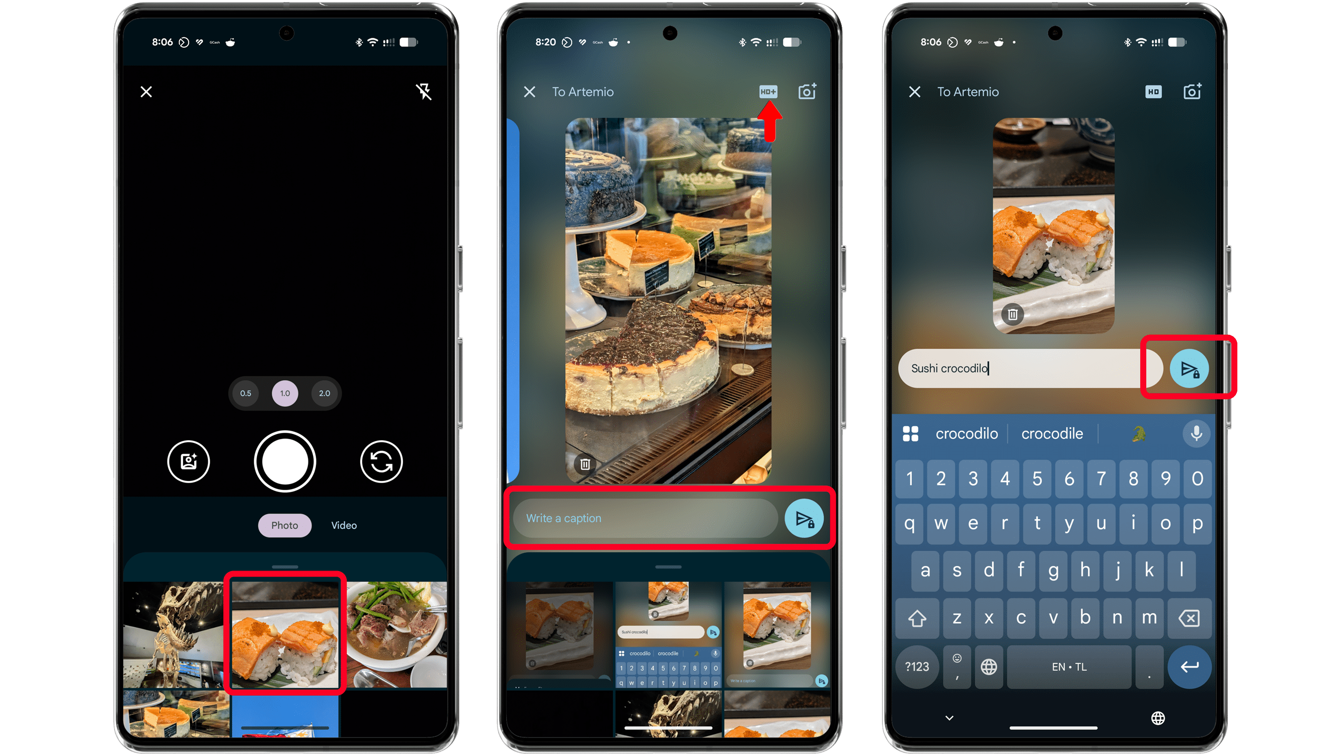 Three smartphone screens showing photo sharing and captioning features in a messaging app.