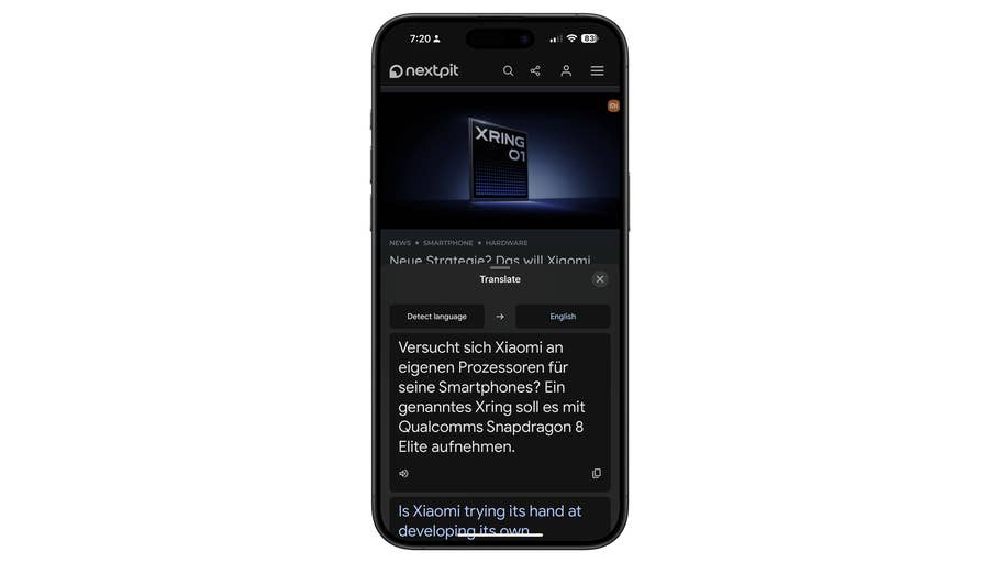 A smartphone displaying a translation feature with text in German and English.