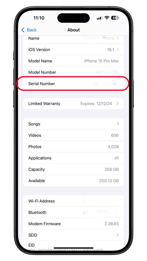 Apple iPhone 15 Pro Max with the About page shown