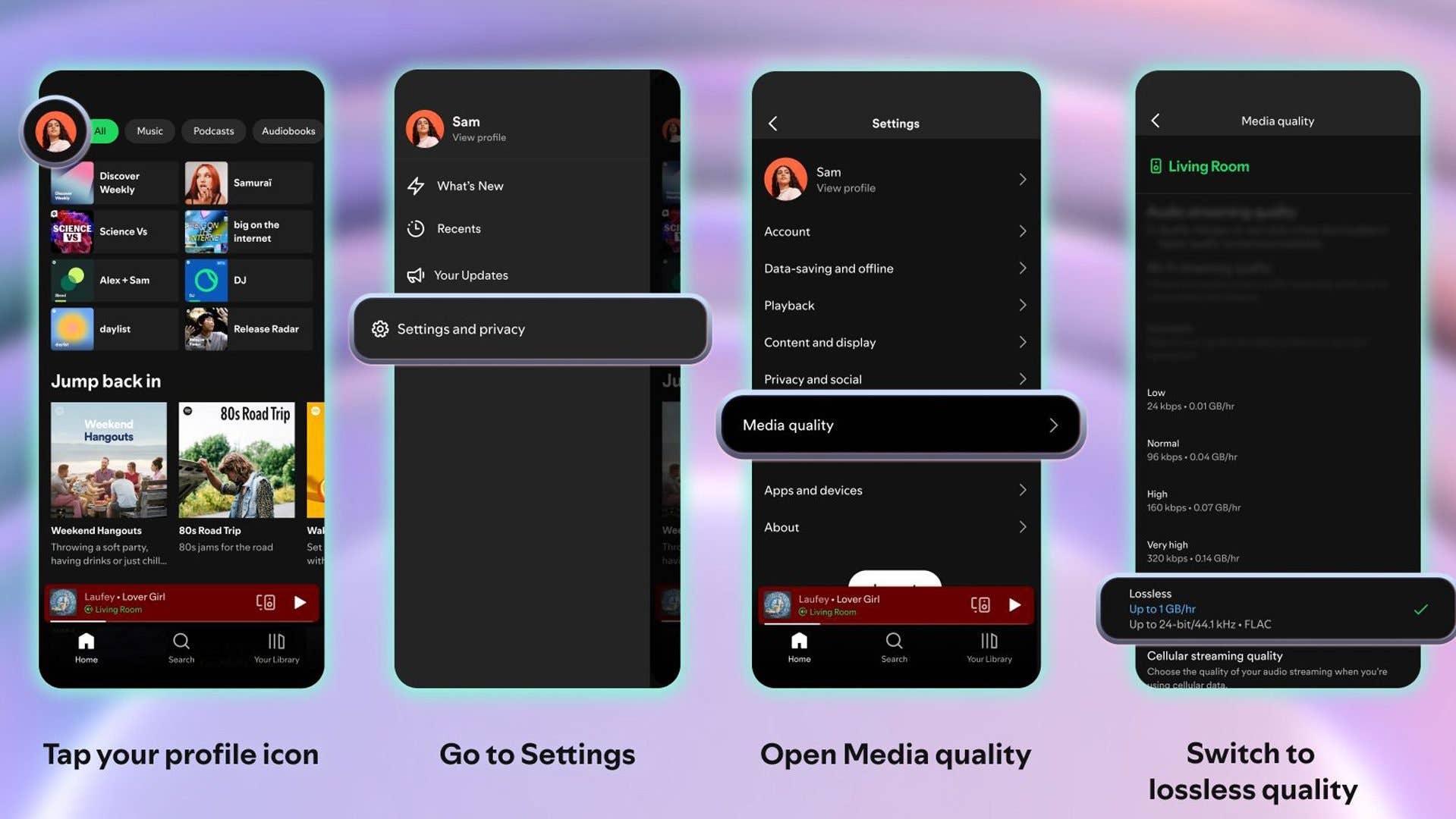 Spotify app interface showing profile and settings for media quality options.