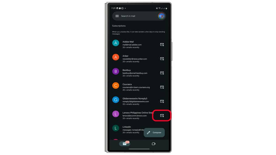 Gmail interface displaying subscriptions list with email addresses and a u0027Composeu0027 button.