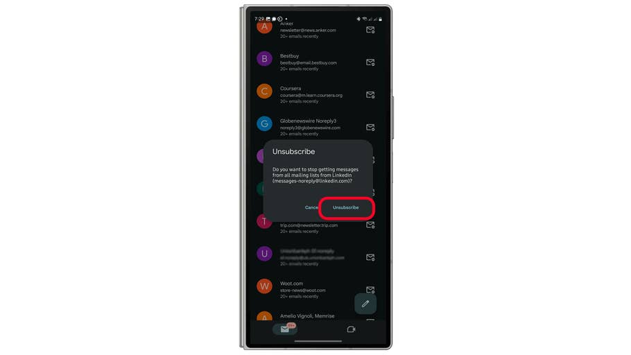 A smartphone screen displaying Gmail with an unsubscribe prompt for LinkedIn emails.
