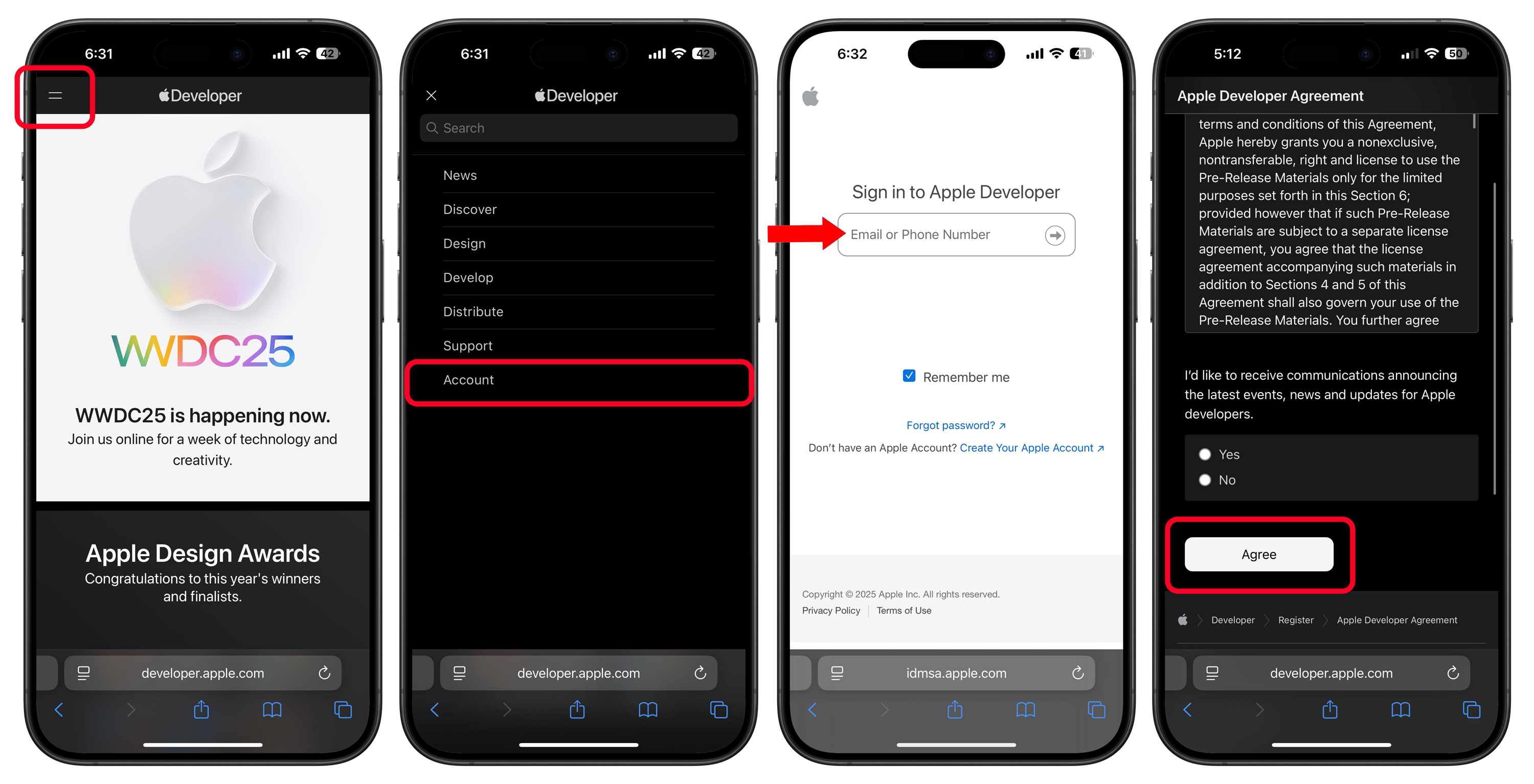 Screenshots of the Apple Developer website, showing account login and agreement process.