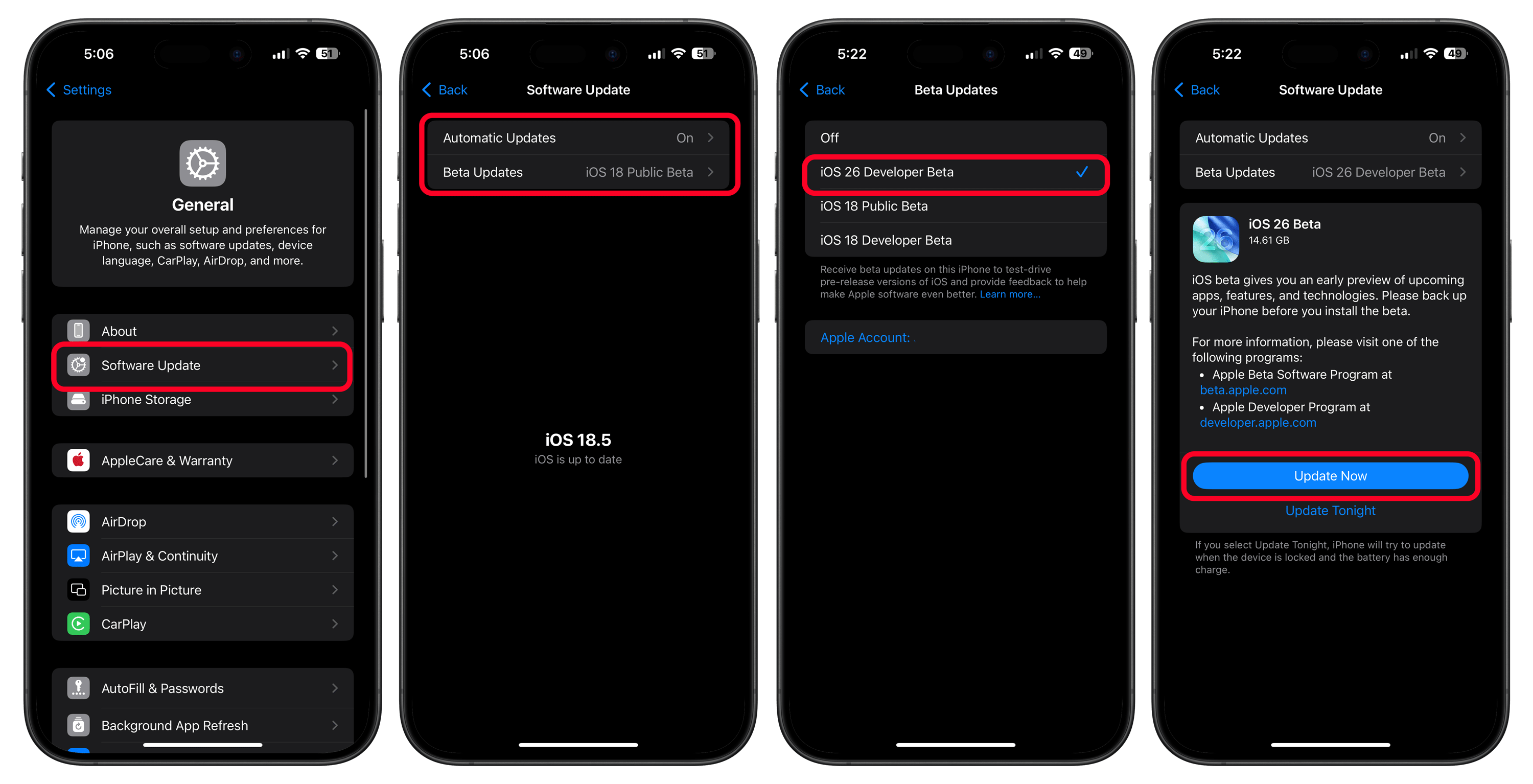 iPhone screens displaying iOS 26 Developer Beta and software update options.