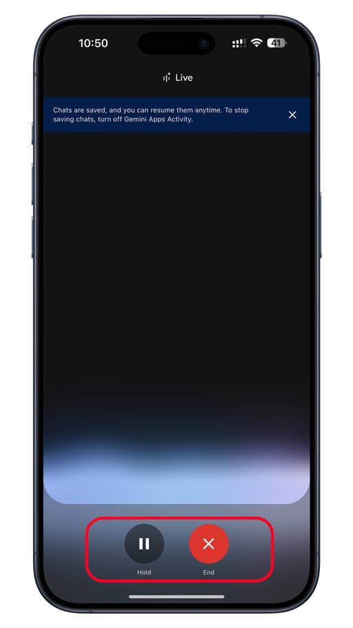 A mobile phone screen displaying a live chat interface with options to hold or end the chat.