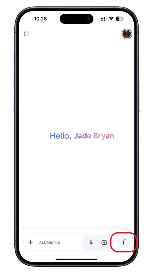 A smartphone screen displaying u0027Hello, Jade Bryanu0027 and options to interact with u0027Ask Geminiu0027.