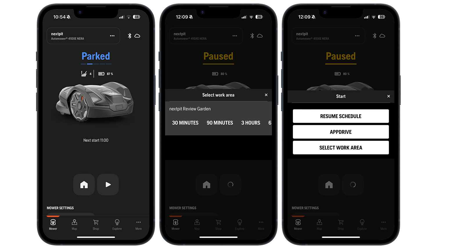 The main menu lets you view various options like its schedule, cutting height, and battery life.