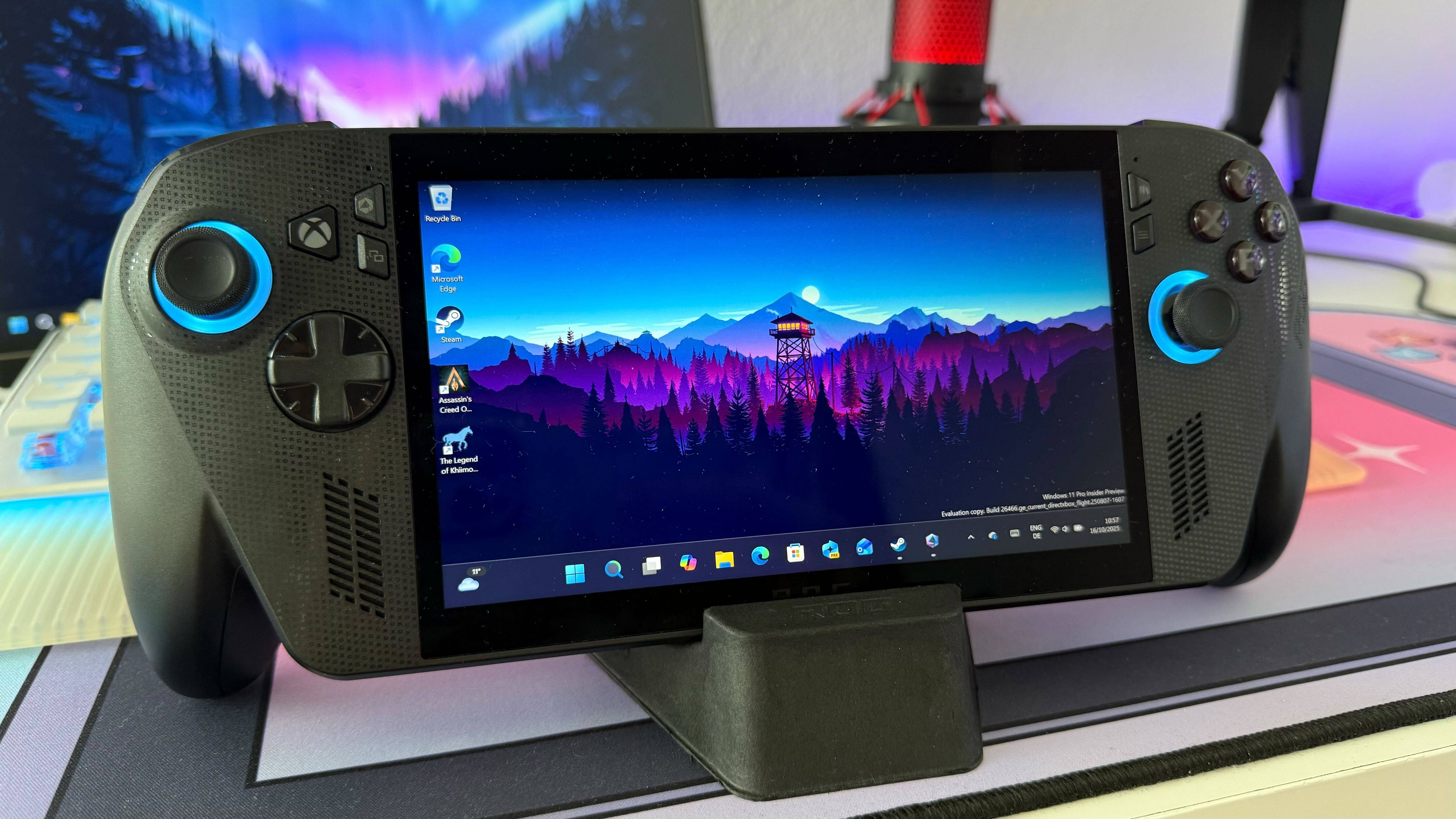 The ROG Xbox Ally X on its stand.