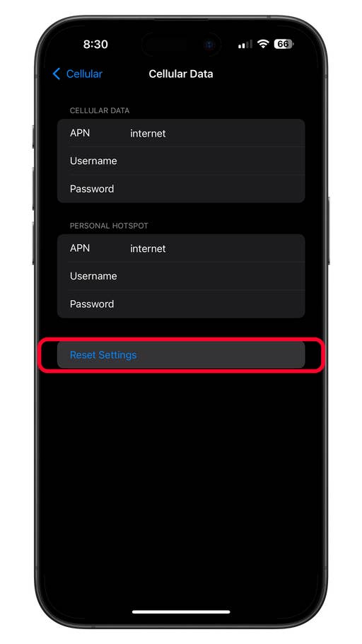 Resetting an APN or cellular data network on iPhone