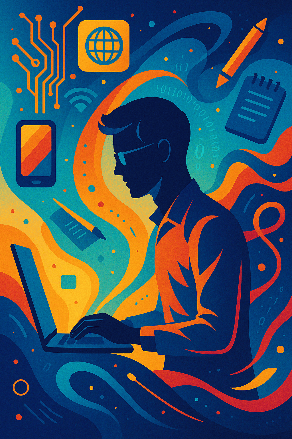 A silhouette of a person using a laptop amidst digital symbols and waves, representing technology and communication.