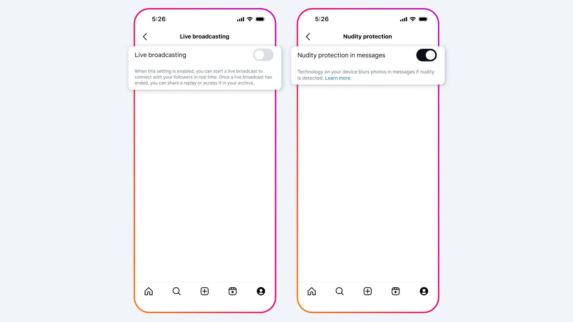 Settings interface showing 'Live broadcasting' and 'Nudity protection' options on a mobile device.